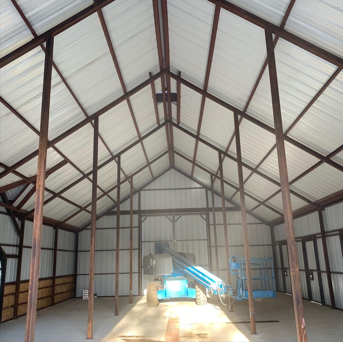 Steel frame interior of a large barn